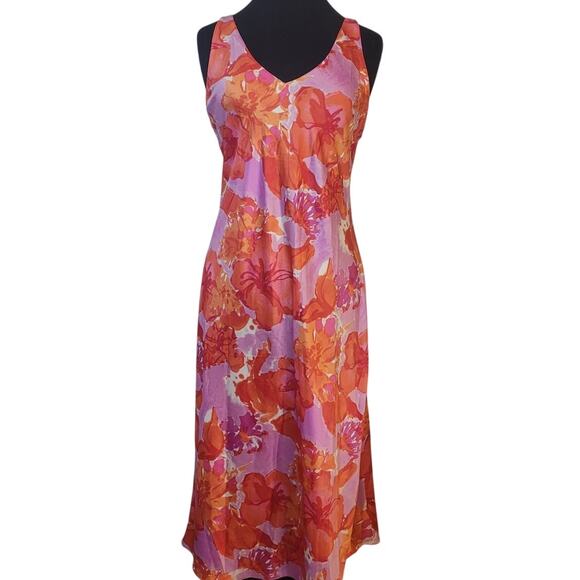 Natori Satin Floral Slip Dress Pink Orange Midi Y2K Retro Women’s Sz S EUC - Picture 1 of 6